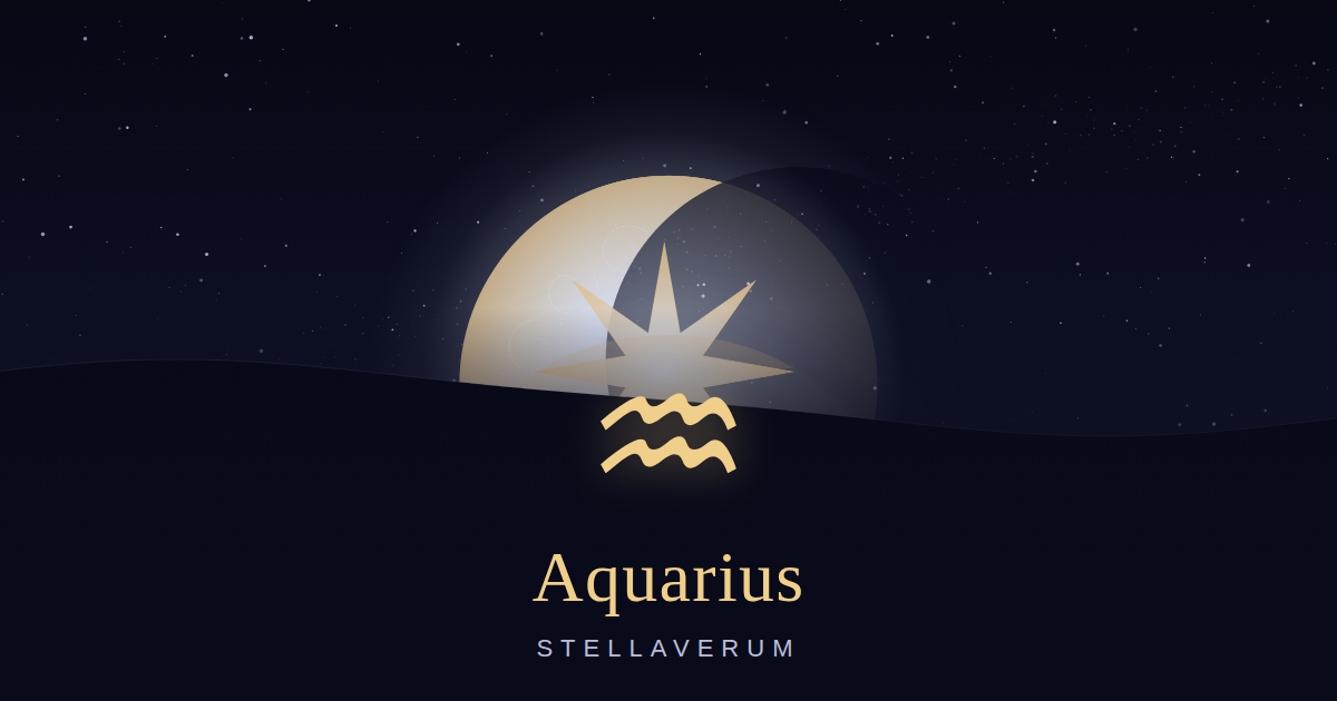 Aquarius zodiac card: the Aquarius glyph glowing above a moonlit horizon