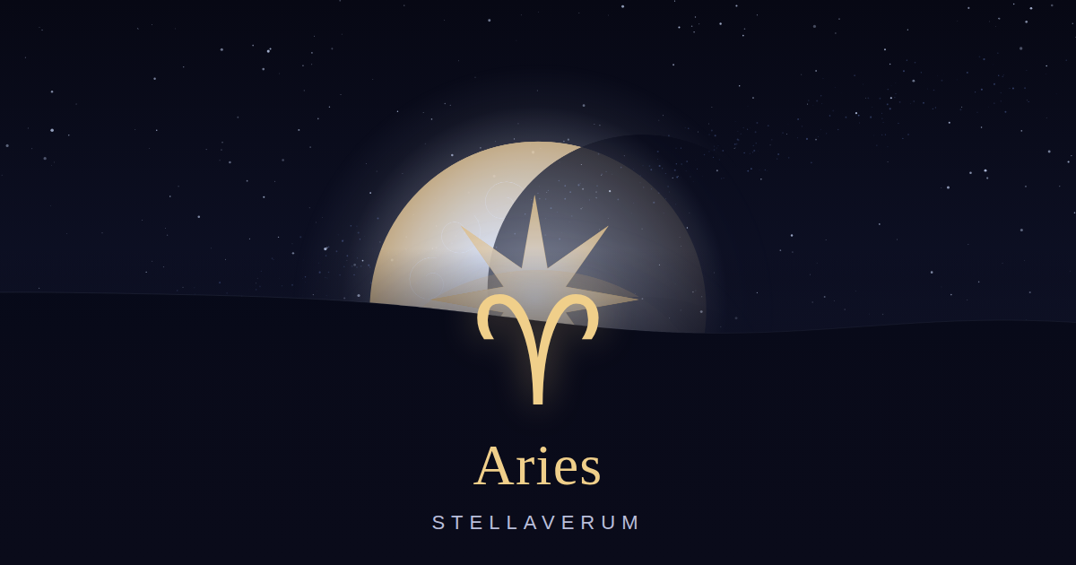 Aries zodiac card: the Aries glyph glowing above a moonlit horizon