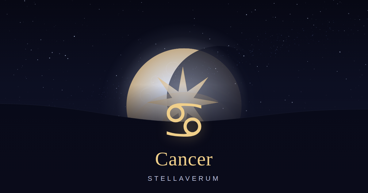 Cancer zodiac card: the Cancer glyph glowing above a moonlit horizon