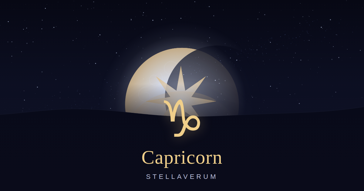 Capricorn zodiac card: the Capricorn glyph glowing above a moonlit horizon