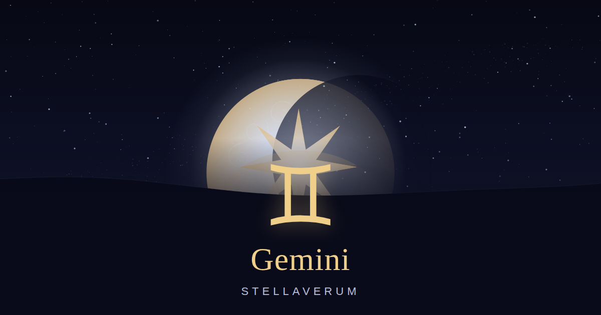 Gemini zodiac card: the Gemini glyph glowing above a moonlit horizon