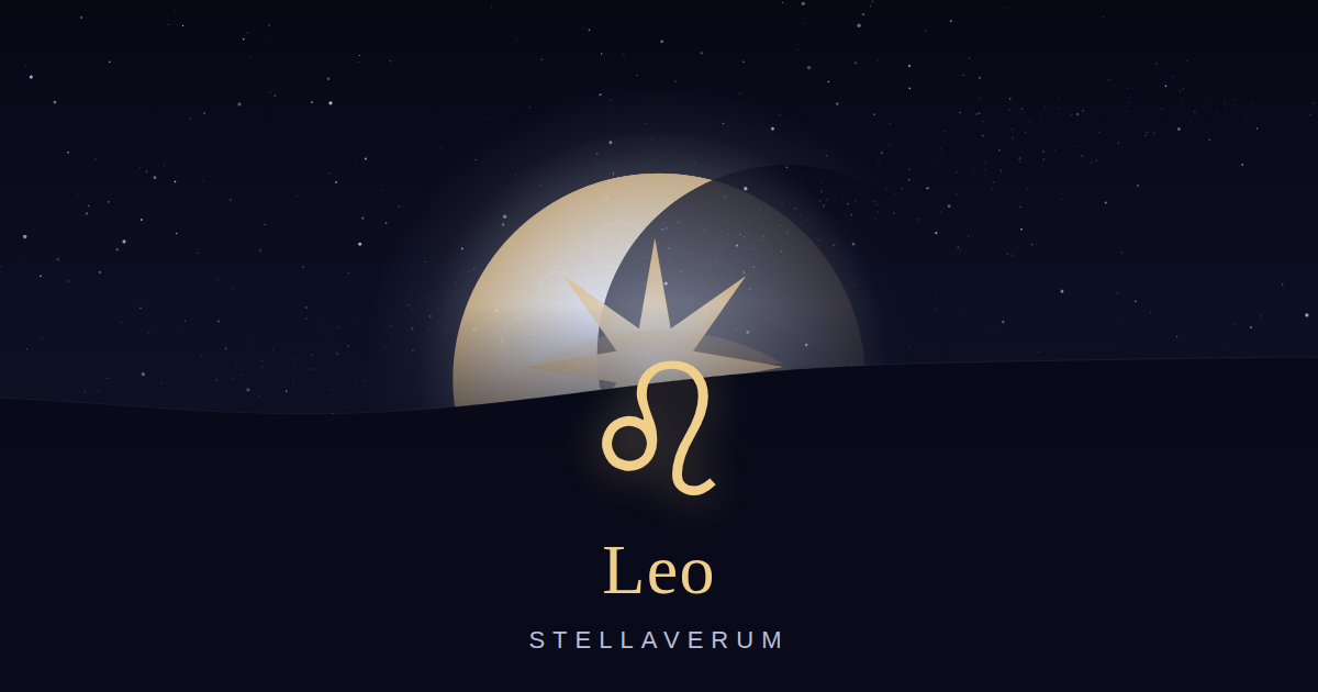 Leo zodiac card: the Leo glyph glowing above a moonlit horizon