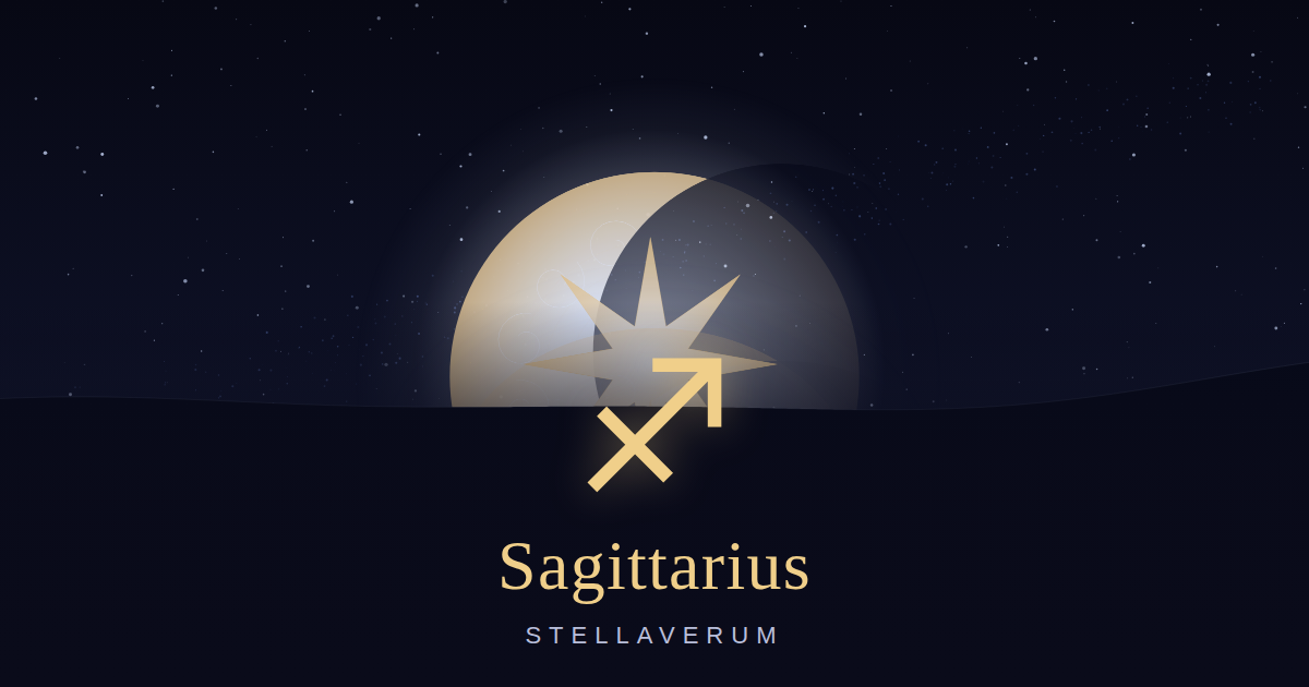 Sagittarius zodiac card: the Sagittarius glyph glowing above a moonlit horizon