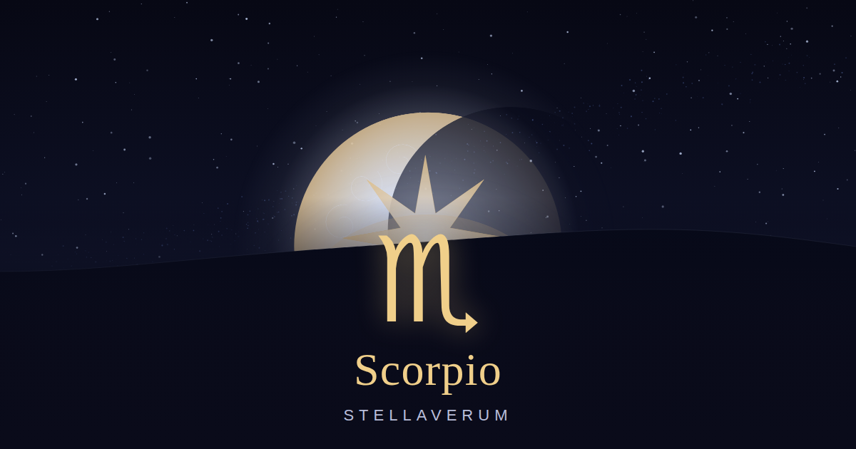 Scorpio zodiac card: the Scorpio glyph glowing above a moonlit horizon