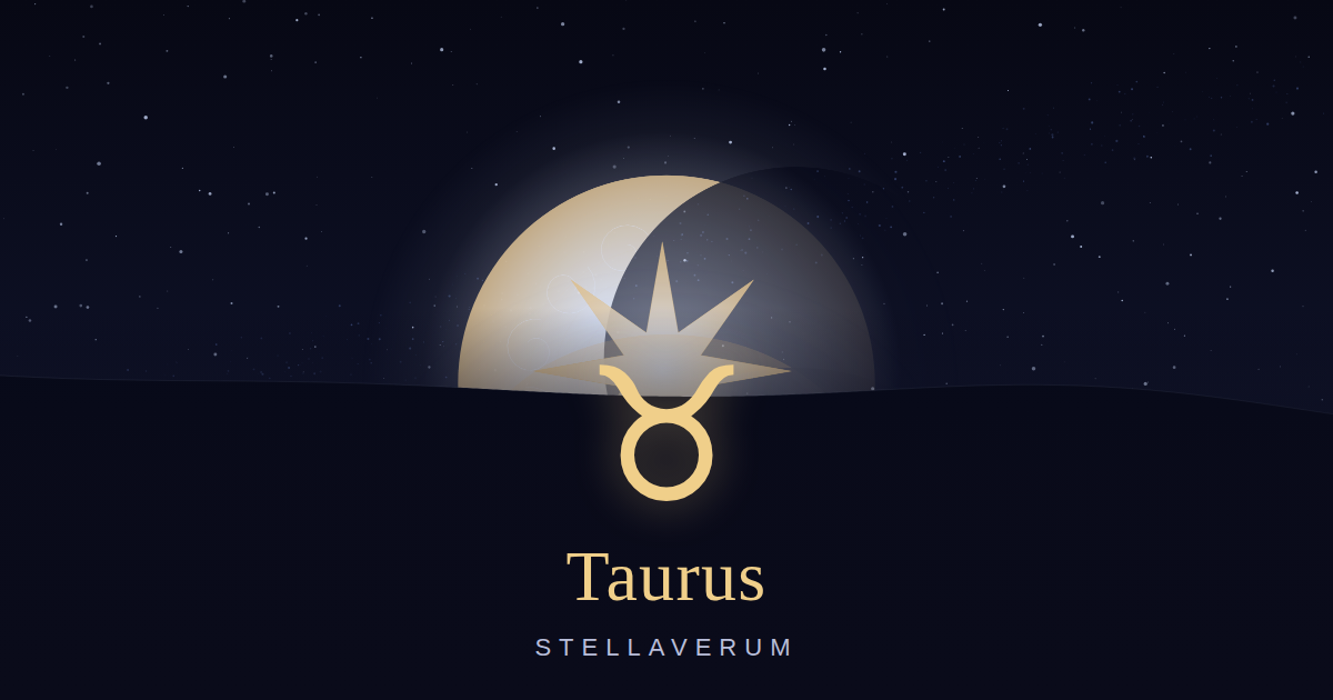 Taurus zodiac card: the Taurus glyph glowing above a moonlit horizon