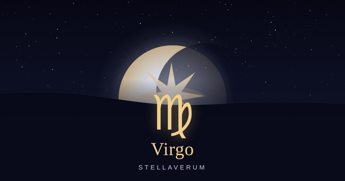 Virgo zodiac card: the Virgo glyph glowing above a moonlit horizon