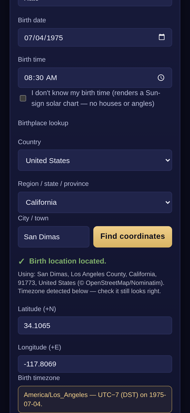 Birth details form on a phone, with a green "Birth location located" confirmation and the auto-detected timezone line.