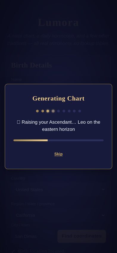 The Generating Chart reveal modal mid-sequence, showing a progress bar and a stage message about the Ascendant.