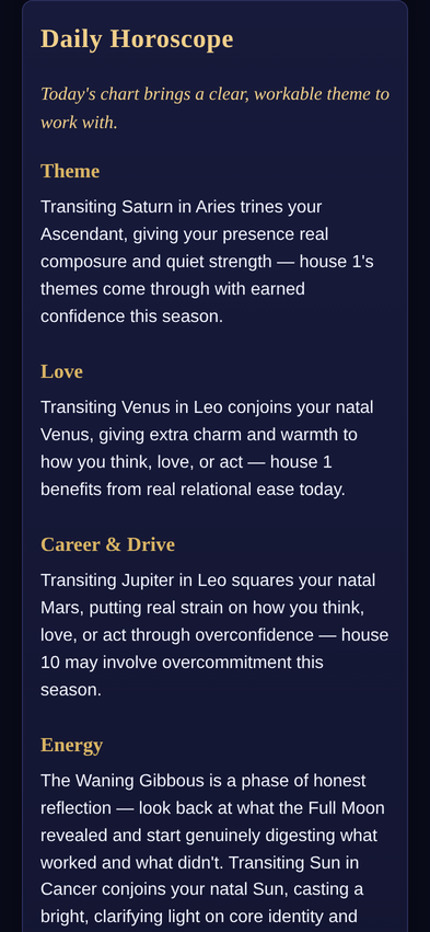 Daily Horoscope panel with Theme, Love, Career and Drive, and Energy sections.